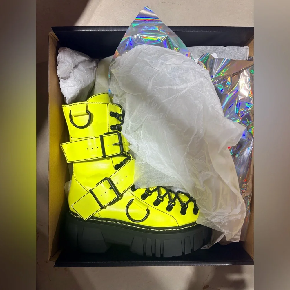 Club Exx Neon Yellow/Green Low Traitor Combat Boots D-Ring Lace Up – NIB - Picture 7 of 9